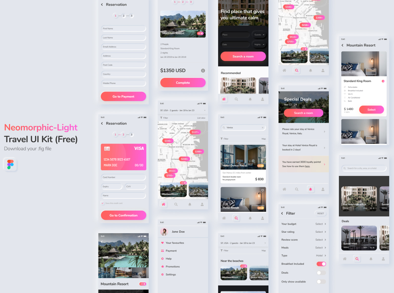 Neomorphic Travel UI Kit Free – Light Figma Free