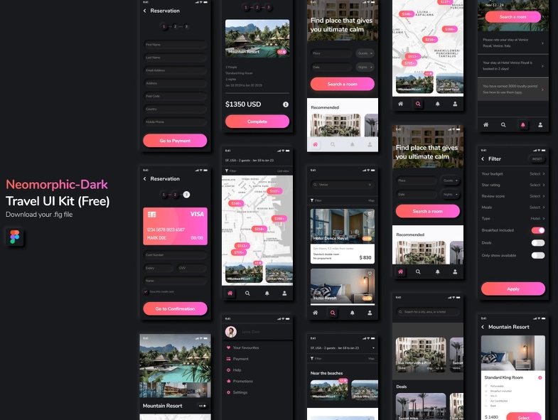 Neomorphic Travel UI Free – Dark Figma Free