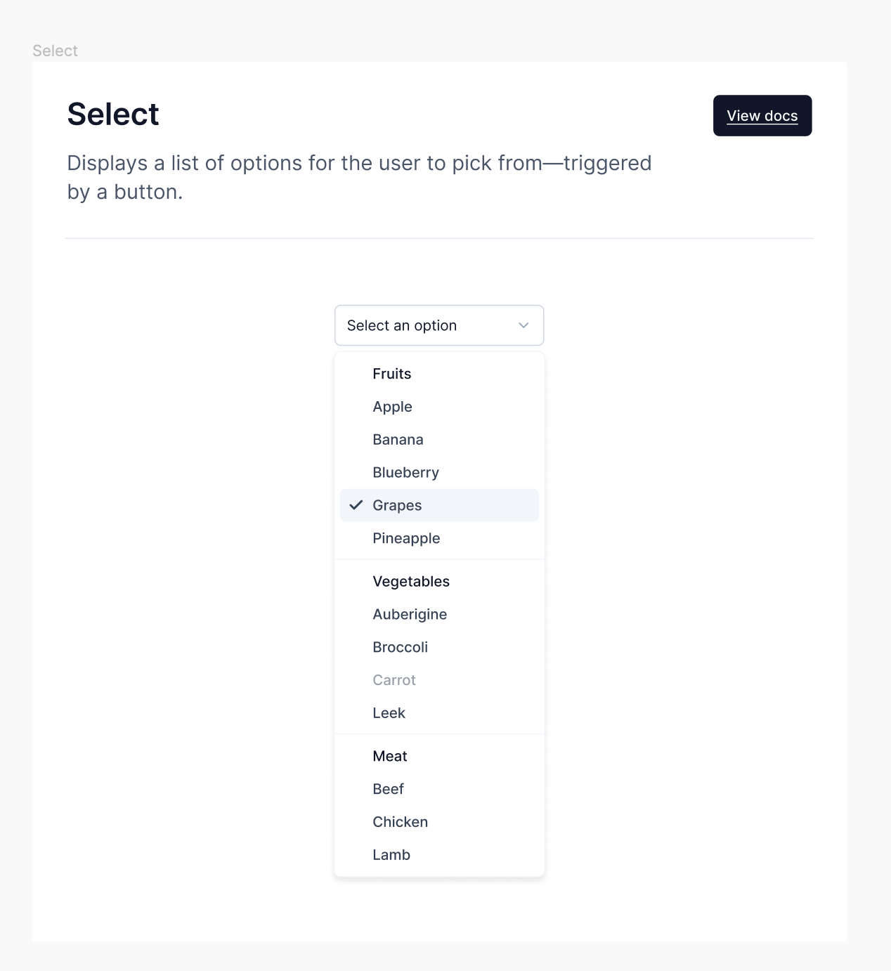 Displays a list of options for the user to pick from—triggered by a button.