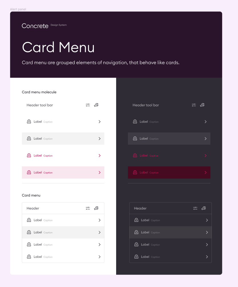 Card menu Concrete - Design System